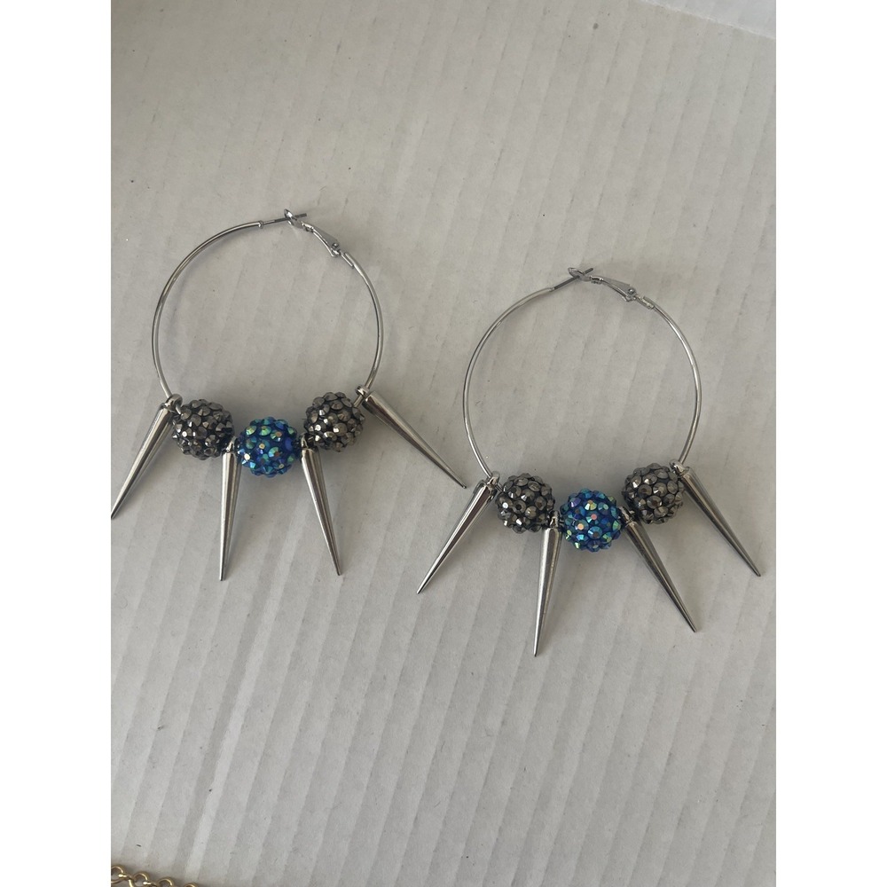 Blue~Silver 2" hoop sparkle bead earrings w/spikes dangle